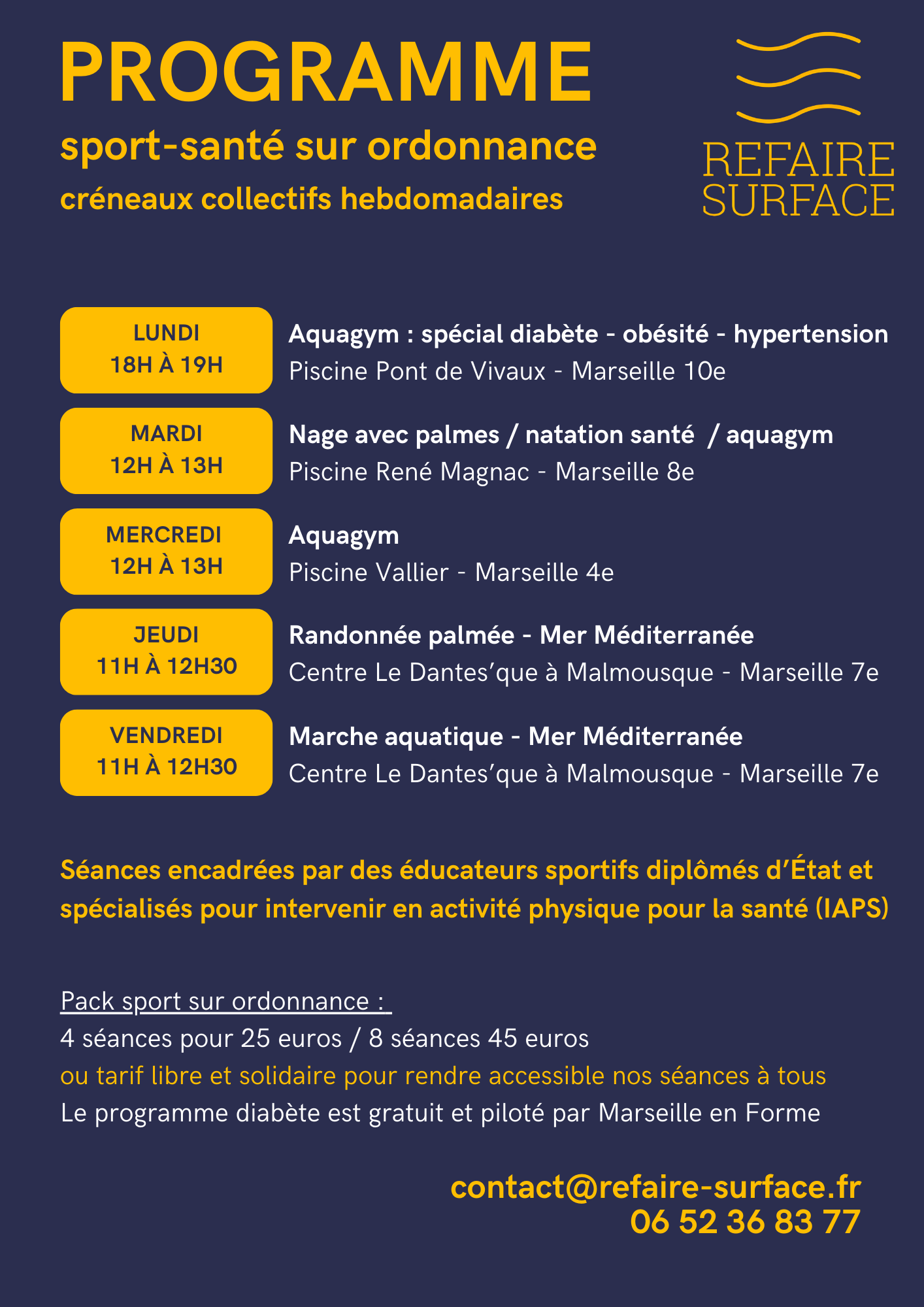 Les activités sport santé sur ordonnance de l'association Refaire Surface sur mon sport santé paca
